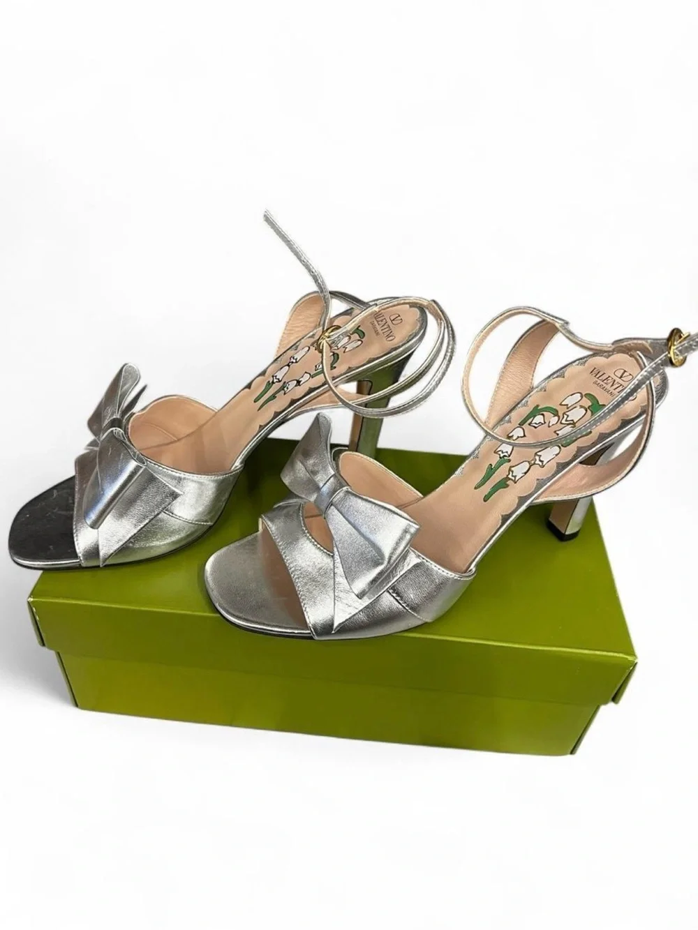 Valentino Garavani Metallic Silver Bow Ankle-Strap Sandals